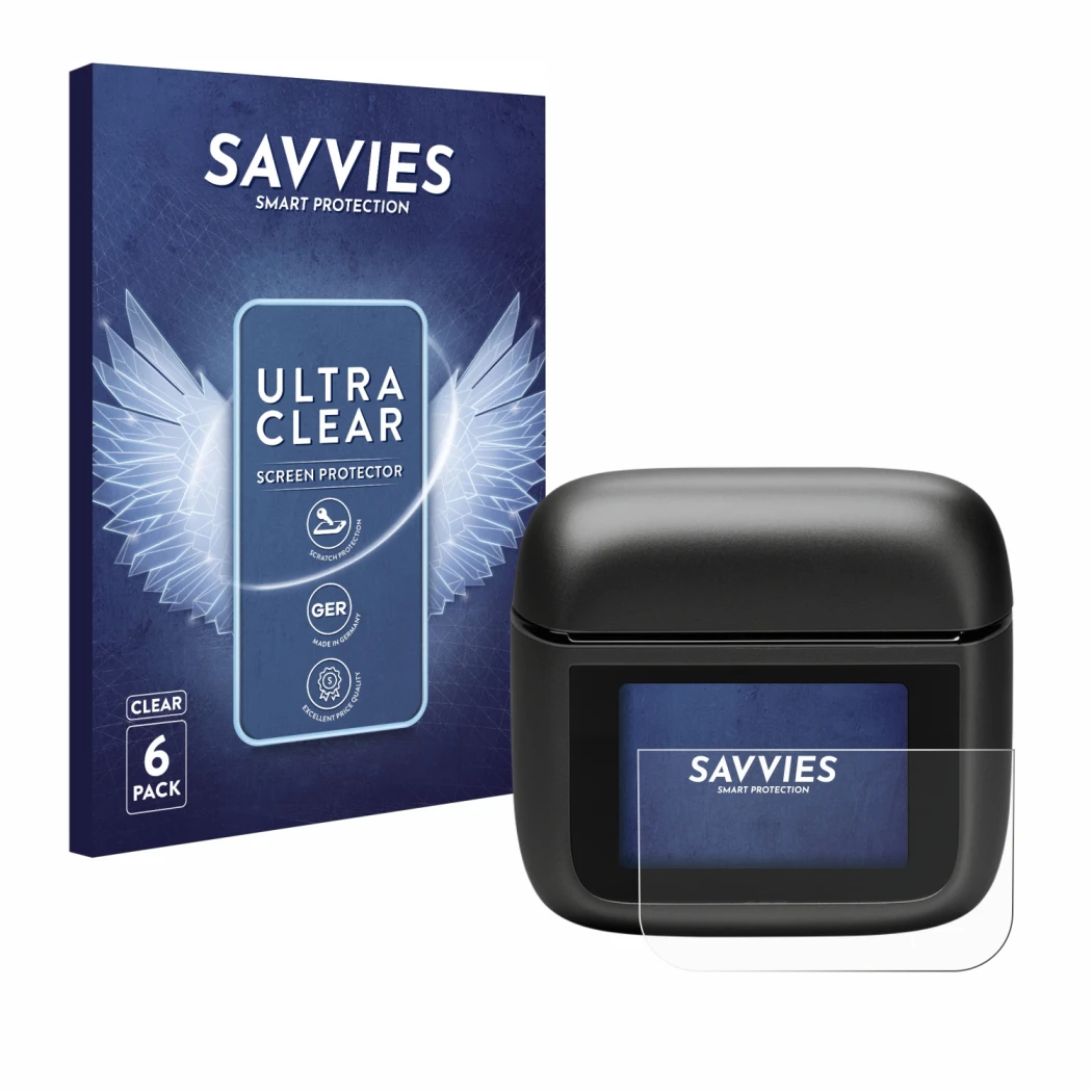 Front side of a product packaging with the brand logo Savvies. Next to it is the device JBL Tour Pro 3 shown with the correspo