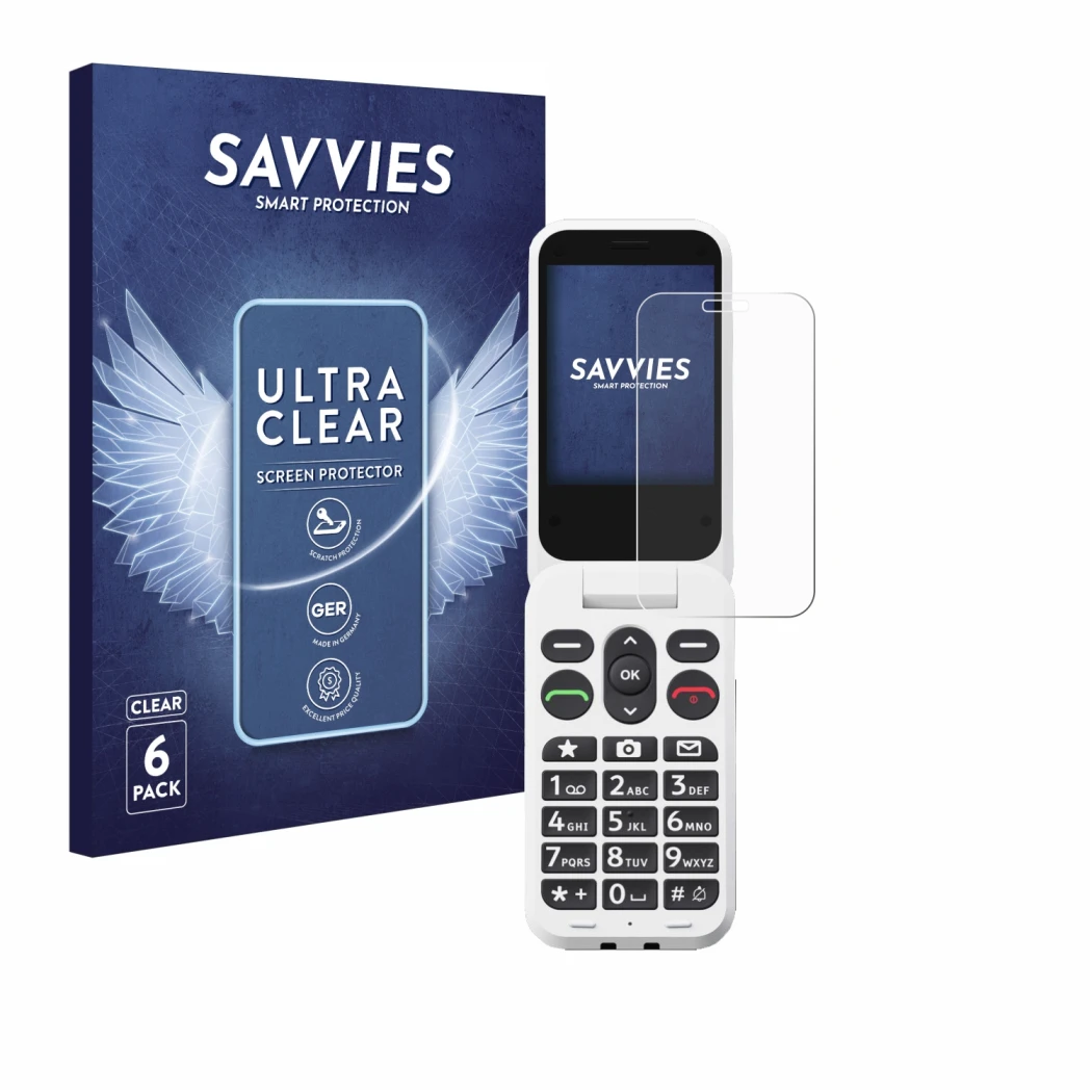 Front side of a product packaging with the brand logo Savvies. Next to it is the device Doro Leva L30 shown with the correspon