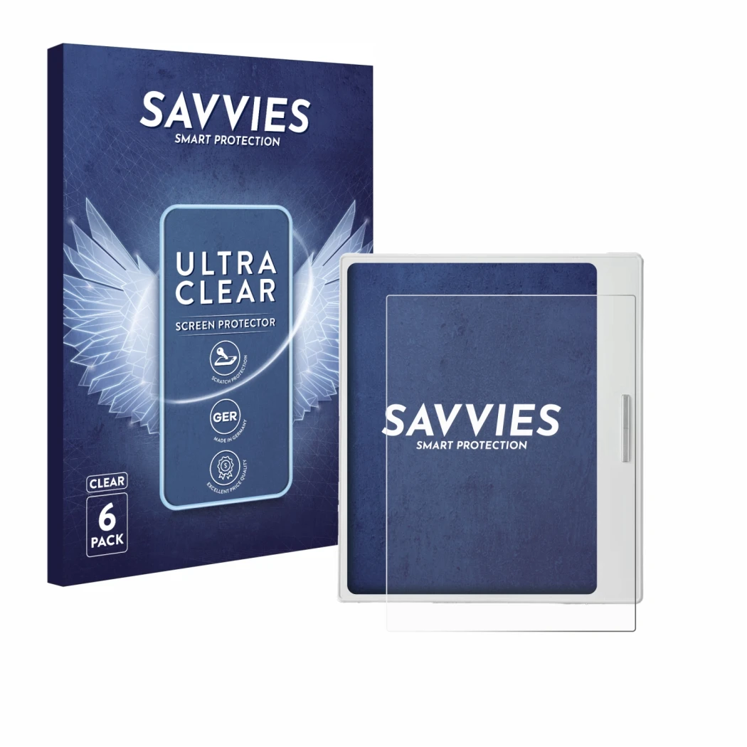 Front side of a product packaging with the brand logo Savvies. Next to it is the device Boox Go Color 7 White Edition shown wi
