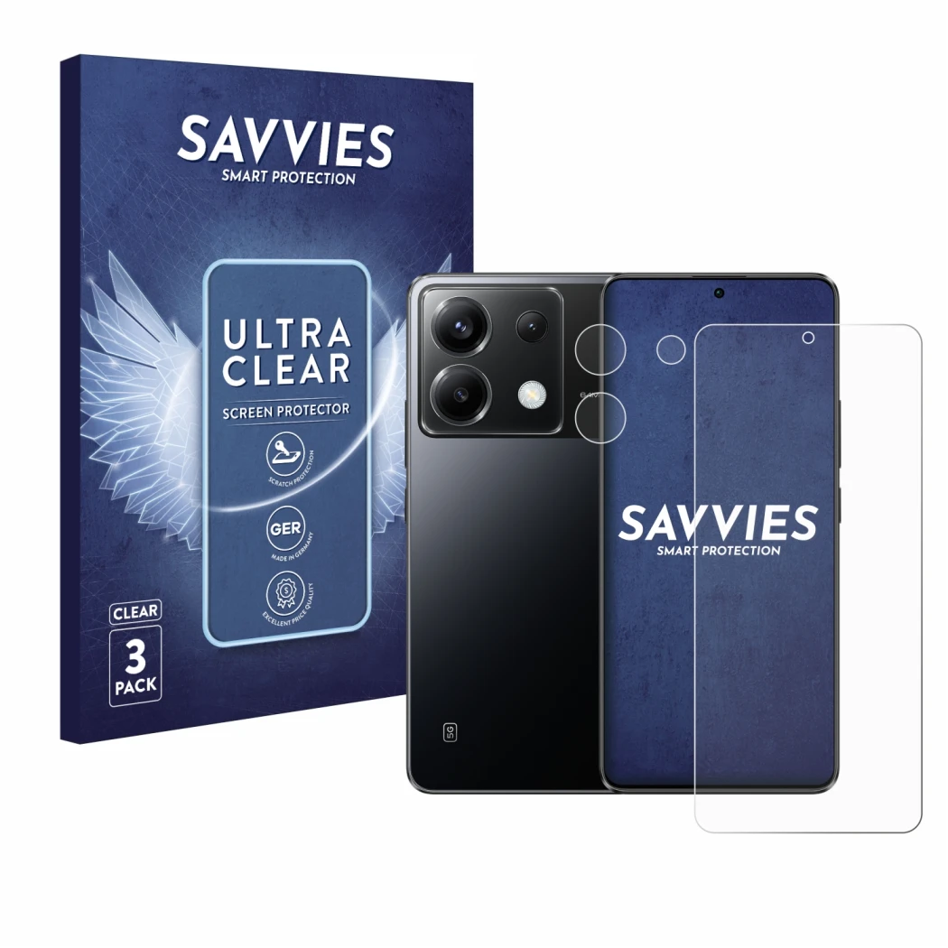 Front side of a product packaging with the brand logo Savvies. Next to it is the device Xiaomi Poco X6 (Front+Camera) shown wi