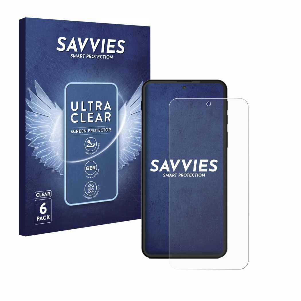 Front side of a product packaging with the brand logo Savvies. Next to it is the device Shiftphones Shiftphone 8.1 shown with 