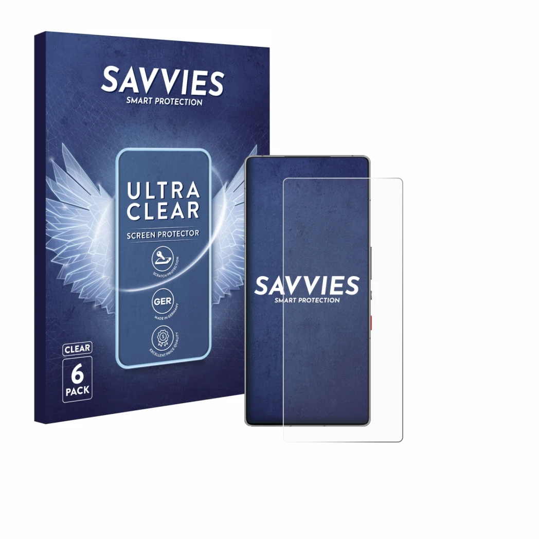 Front side of a product packaging with the brand logo Savvies. Next to it is the device ZTE Nubia Red Magic 10 Pro+ shown with
