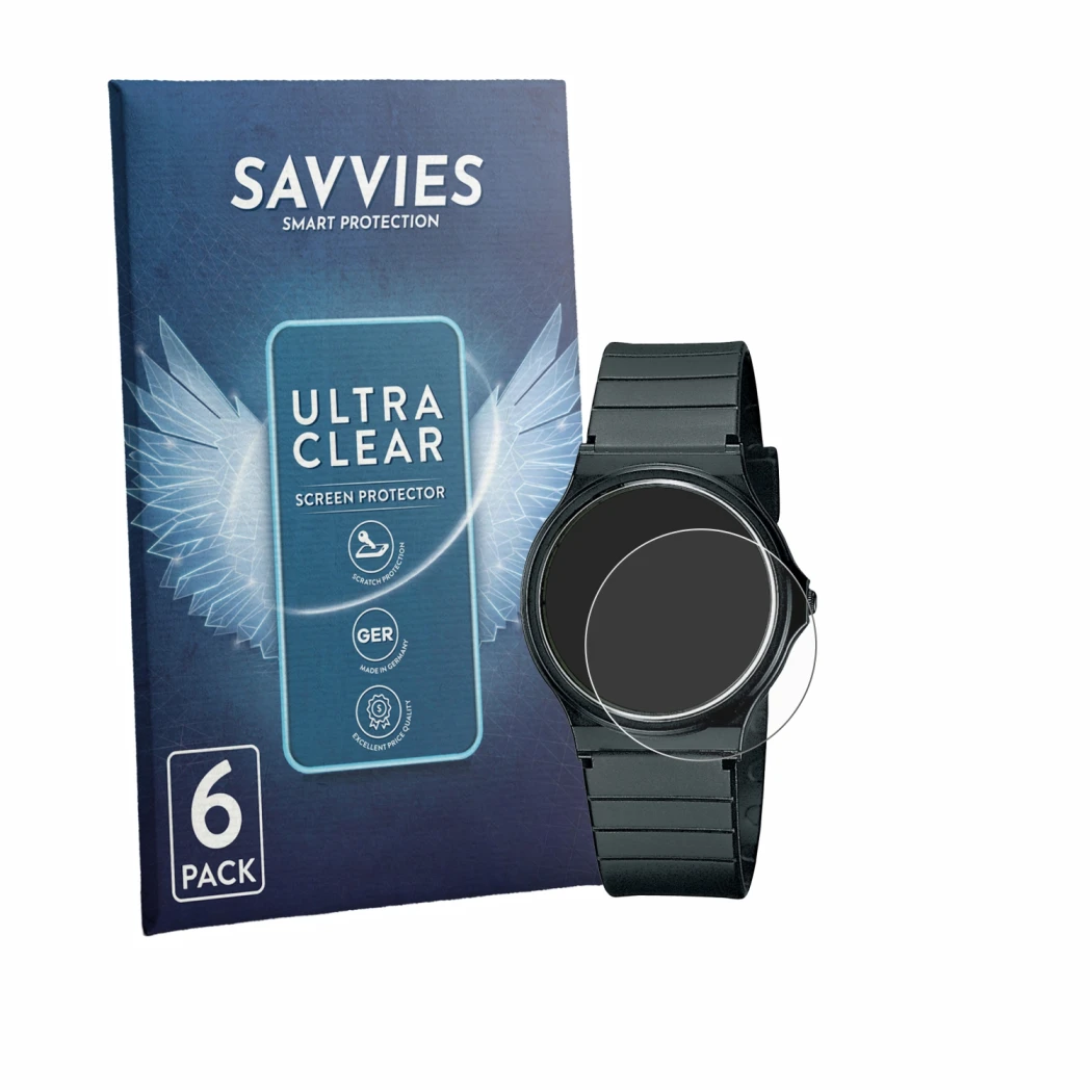 Front side of a product packaging with the brand logo Savvies. Next to it is the device Casio Collection MQ-24 shown with the 
