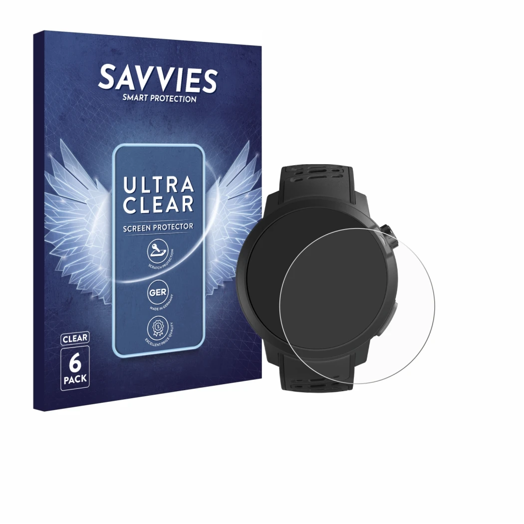 Front side of a product packaging with the brand logo Savvies. Next to it is the device Coros Pace Pro shown with the correspo