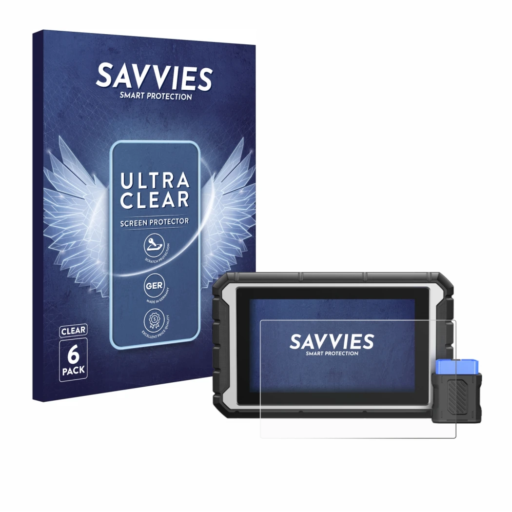 Front side of a product packaging with the brand logo Savvies. Next to it is the device ArtiDiag 900BT shown with the correspo