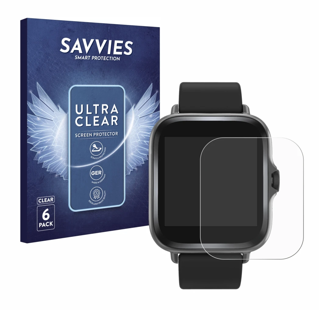 Front side of a product packaging with the brand logo Savvies. Next to it is the device Denver SWC-156 shown with the correspo