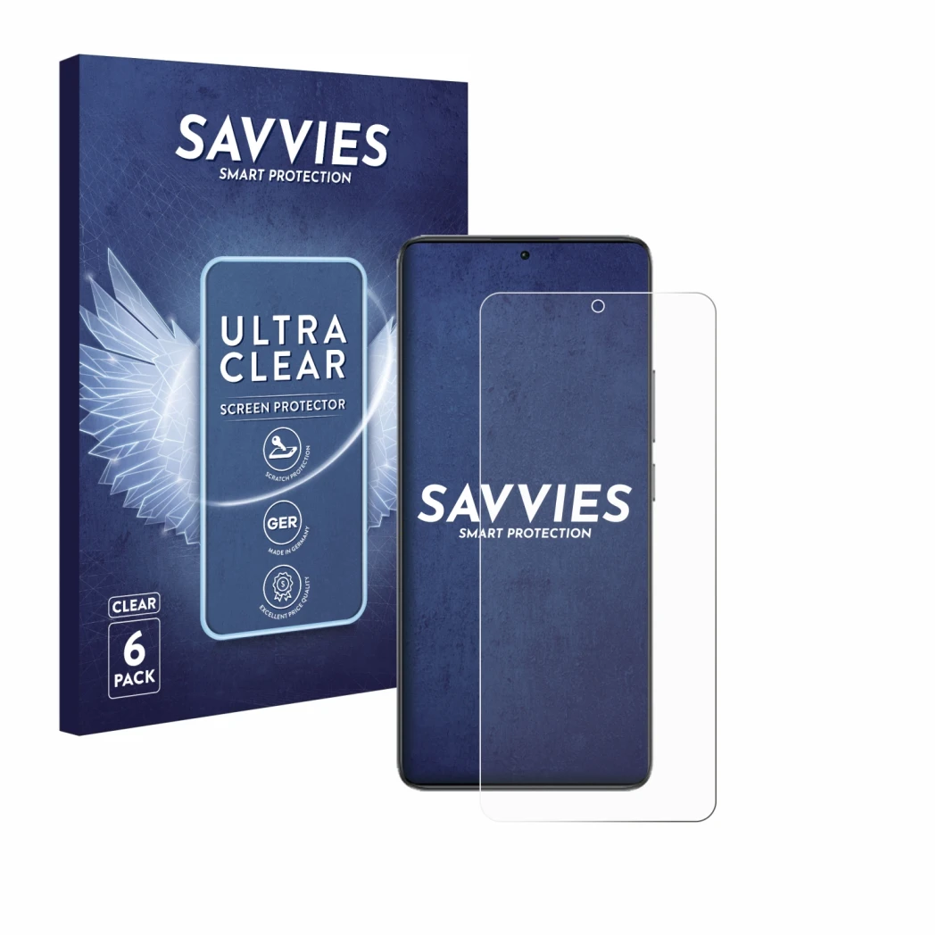 Front side of a product packaging with the brand logo Savvies. Next to it is the device Xiaomi Poco F7 Pro shown with the corr