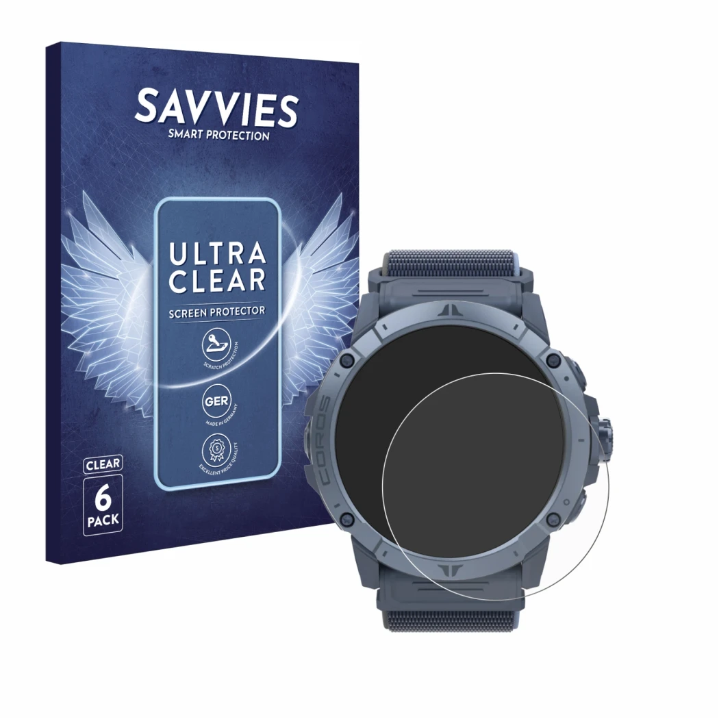 Front side of a product packaging with the brand logo Savvies. Next to it is the device Coros Vertix 2S shown with the corresp