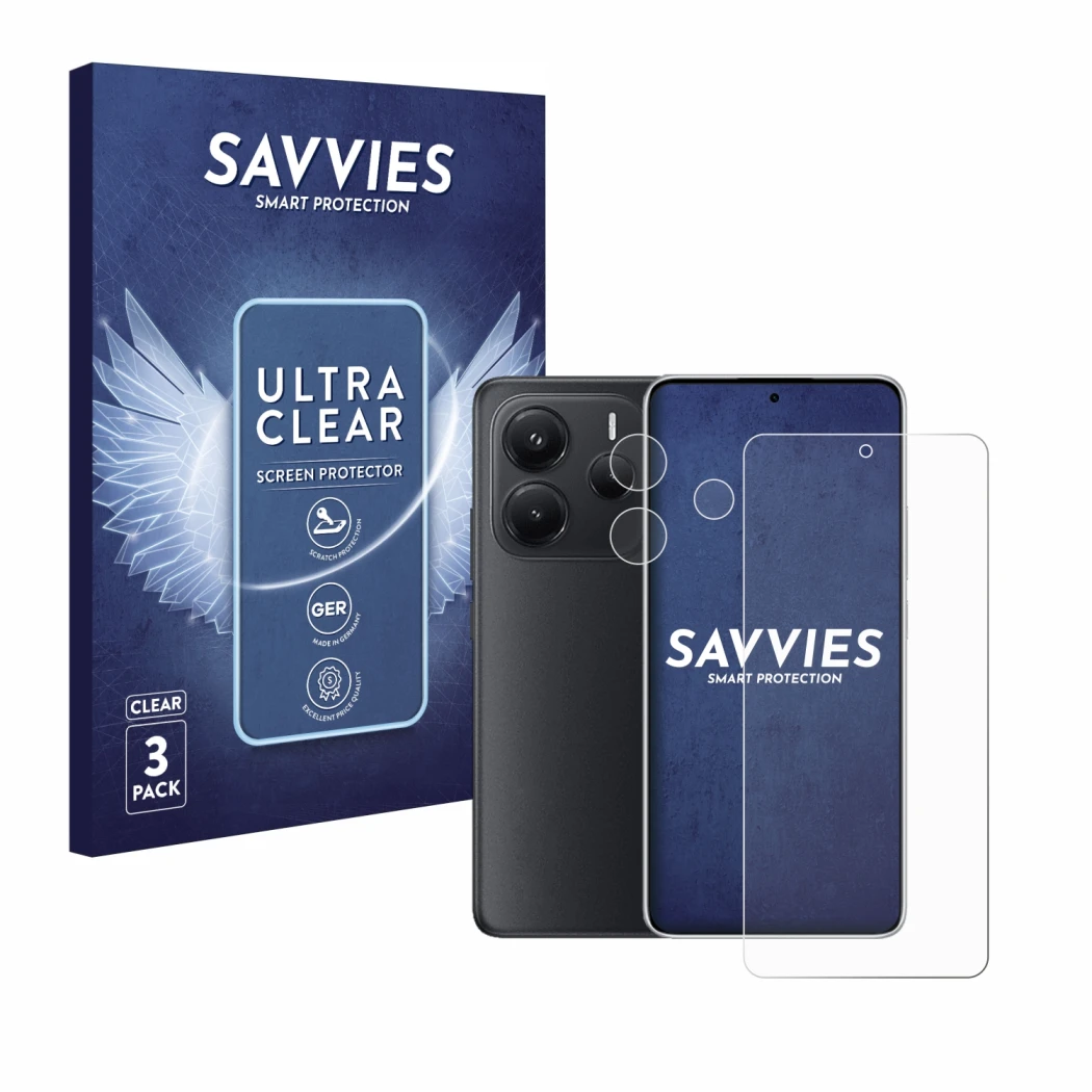 Front side of a product packaging with the brand logo Savvies. Next to it is the device Xiaomi Redmi Note 14 (Front+Camera) sh