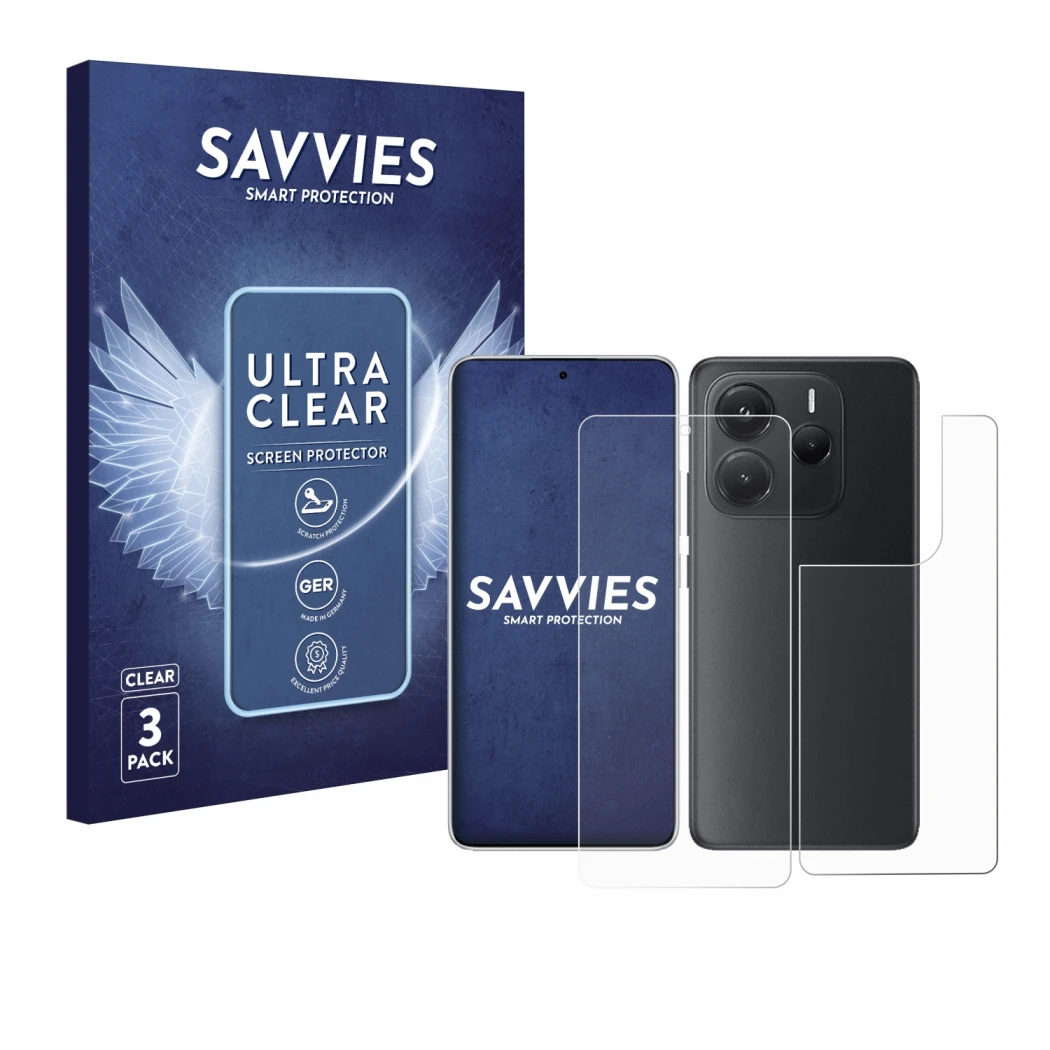 Front side of a product packaging with the brand logo Savvies. Next to it is the device Xiaomi Redmi Note 14 (Front+Back) show