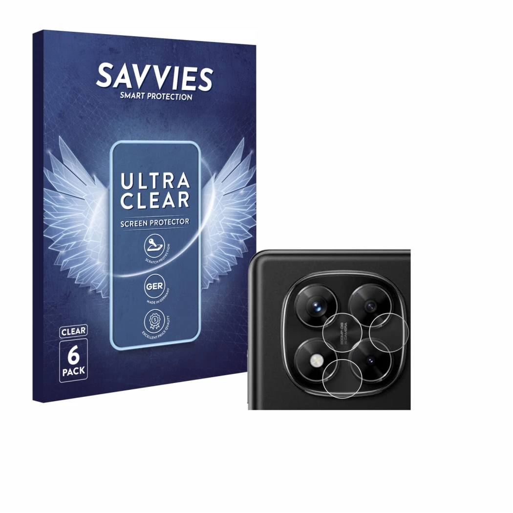 Front side of a product packaging with the brand logo Savvies. Next to it is the device Xiaomi Redmi Note 14 Pro (ONLY Camera 