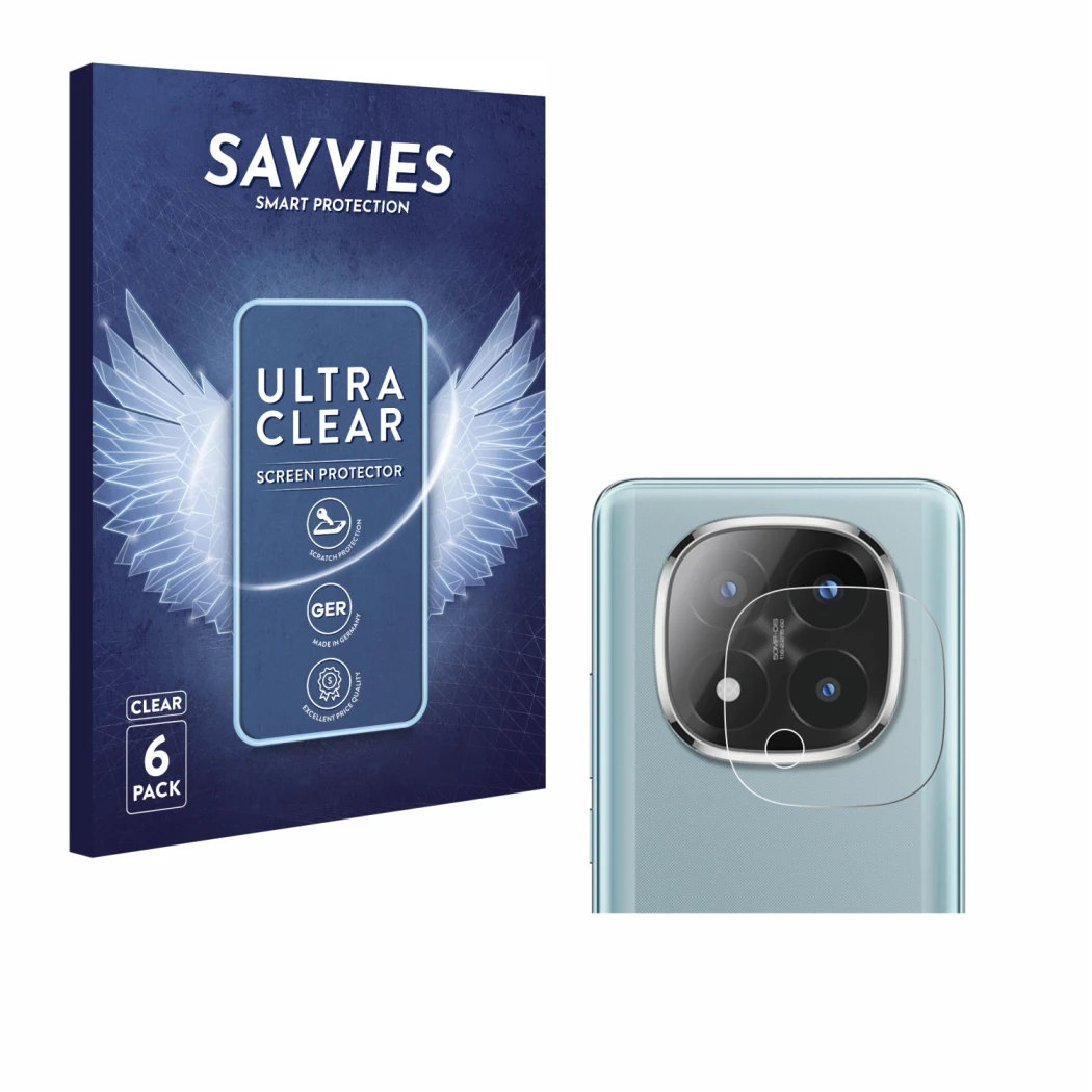 Front side of a product packaging with the brand logo Savvies. Next to it is the device Xiaomi Redmi Note 14 Pro Plus (ONLY Ca