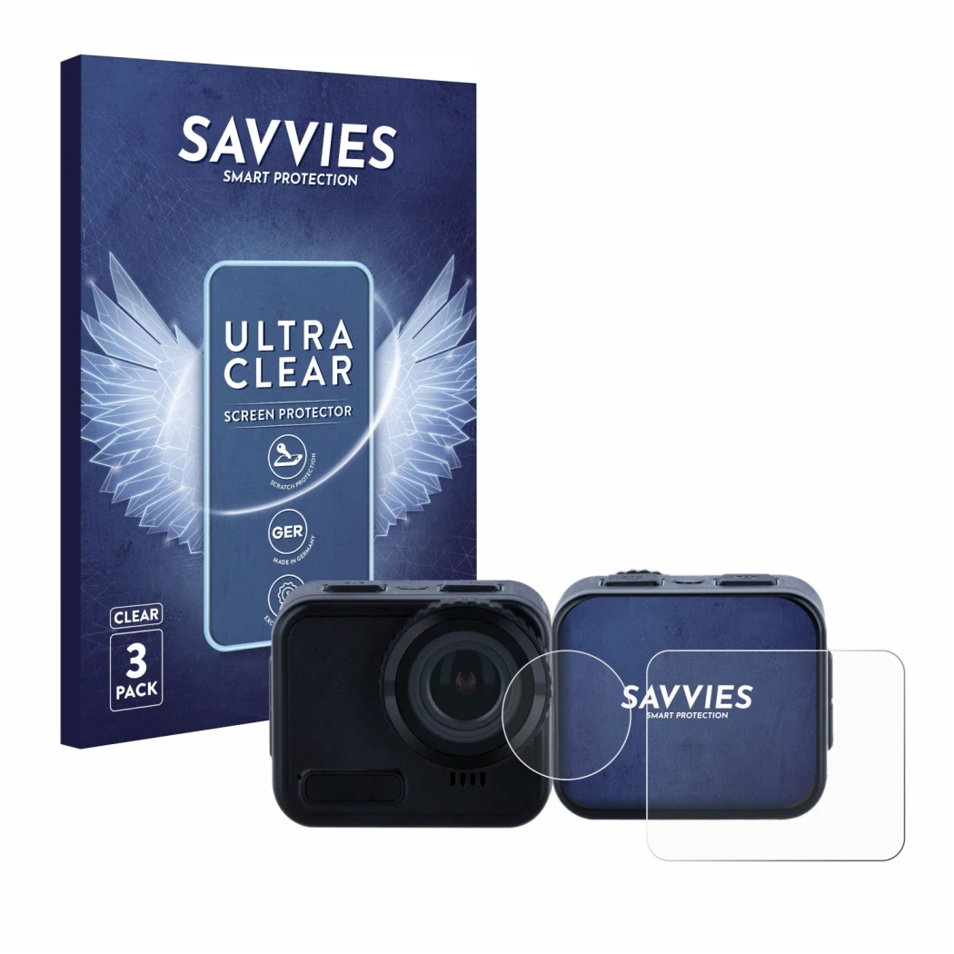 Front side of a product packaging with the brand logo Savvies. Next to it is the device Rollei 9s Cube shown with the correspo