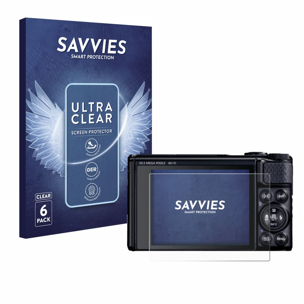 Front side of a product packaging with the brand logo Savvies. Next to it is the device Canon PowerShot SX740 HS Lite shown wi