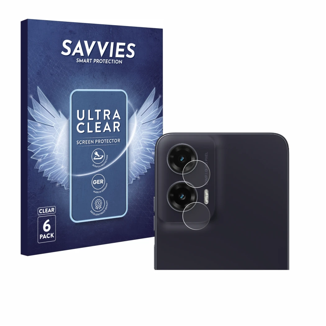 Front side of a product packaging with the brand logo Savvies. Next to it is the device Motorola Moto G35 (ONLY Camera Lens) s
