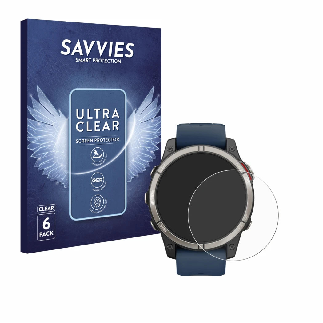 Front side of a product packaging with the brand logo Savvies. Next to it is the device Garmin quatix 7 Pro shown with the cor