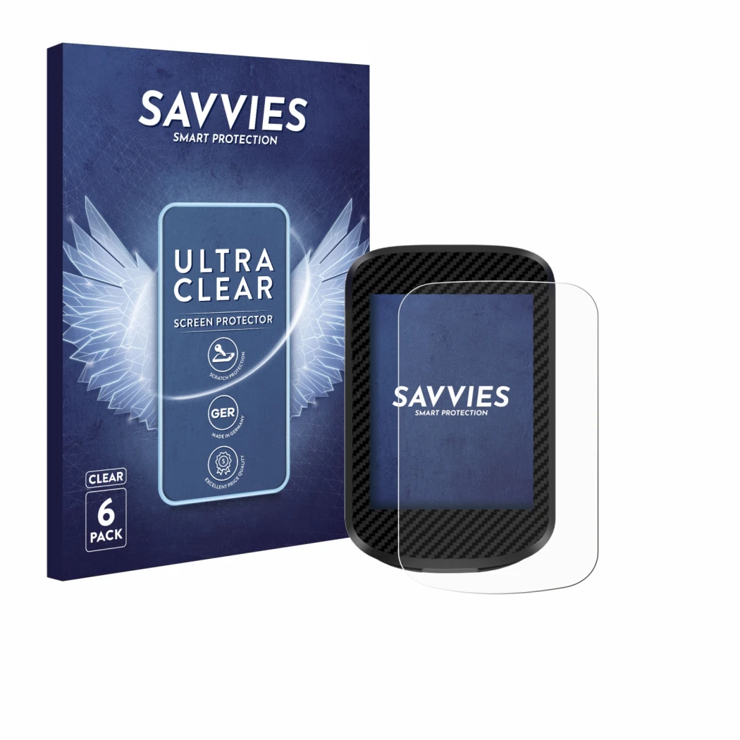 Front side of a product packaging with the brand logo Savvies. Next to it is the device igpsport BSC300T shown with the corres