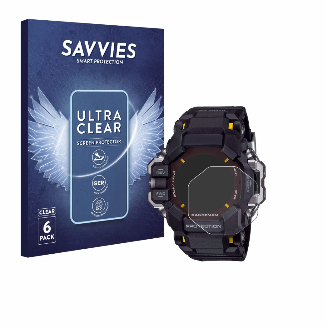 Front side of a product packaging with the brand logo Savvies. Next to it is the device Casio G-Shock GPR-H 1000 shown with th