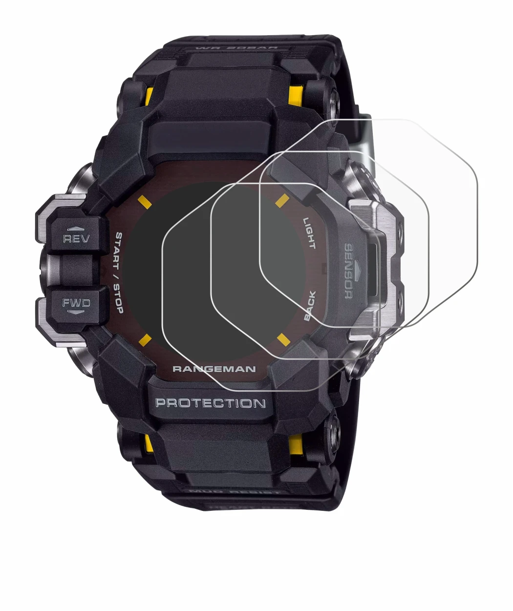 Image of the device Casio G-Shock GPR-H 1000 with a wide variety of screen protectors.