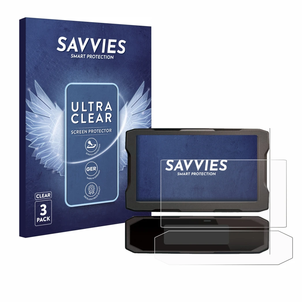 Front side of a product packaging with the brand logo Savvies. Next to it is the device Honda CRF1100L 2024 Speedometer displa