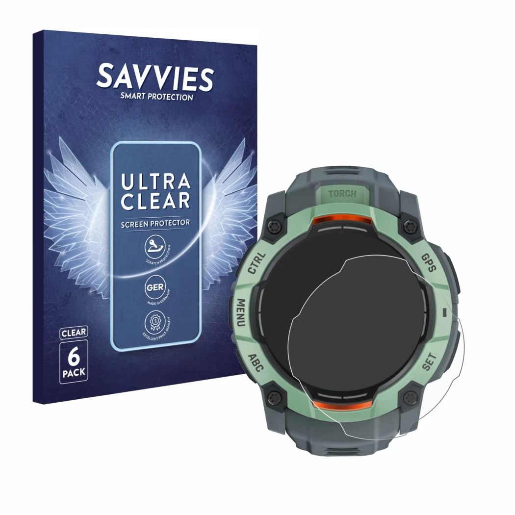 Front side of a product packaging with the brand logo Savvies. Next to it is the device Garmin Instinct 3 AMOLED (45 mm) shown