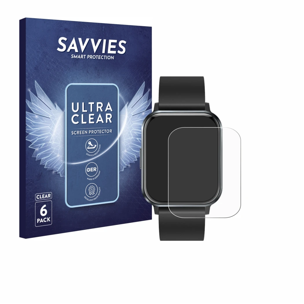 Front side of a product packaging with the brand logo Savvies. Next to it is the device Braidol Smartwatch 1.83