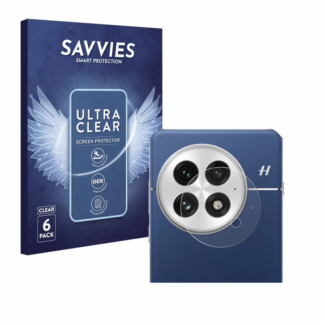 Front side of a product packaging with the brand logo Savvies. Next to it is the device OnePlus 13 (ONLY Camera Lens) shown wi