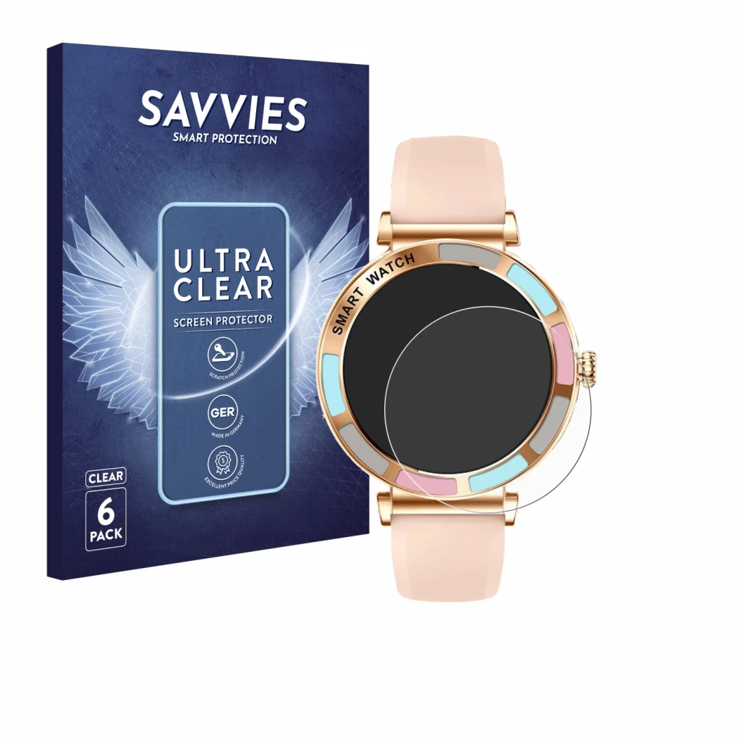 Front side of a product packaging with the brand logo Savvies. Next to it is the device Braidol Smartwatch 1.27