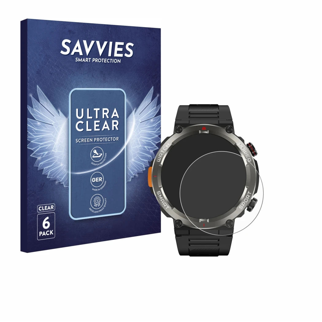 Front side of a product packaging with the brand logo Savvies. Next to it is the device Blackview W50 Pro 1.45