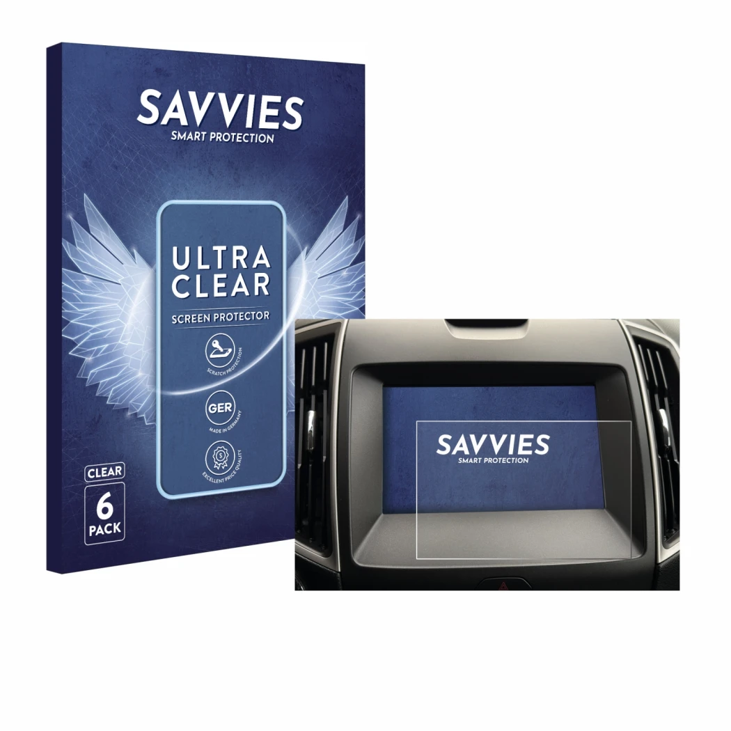Front side of a product packaging with the brand logo Savvies. Next to it is the device Ford Galaxy Infotainment Sync 3 (2019)