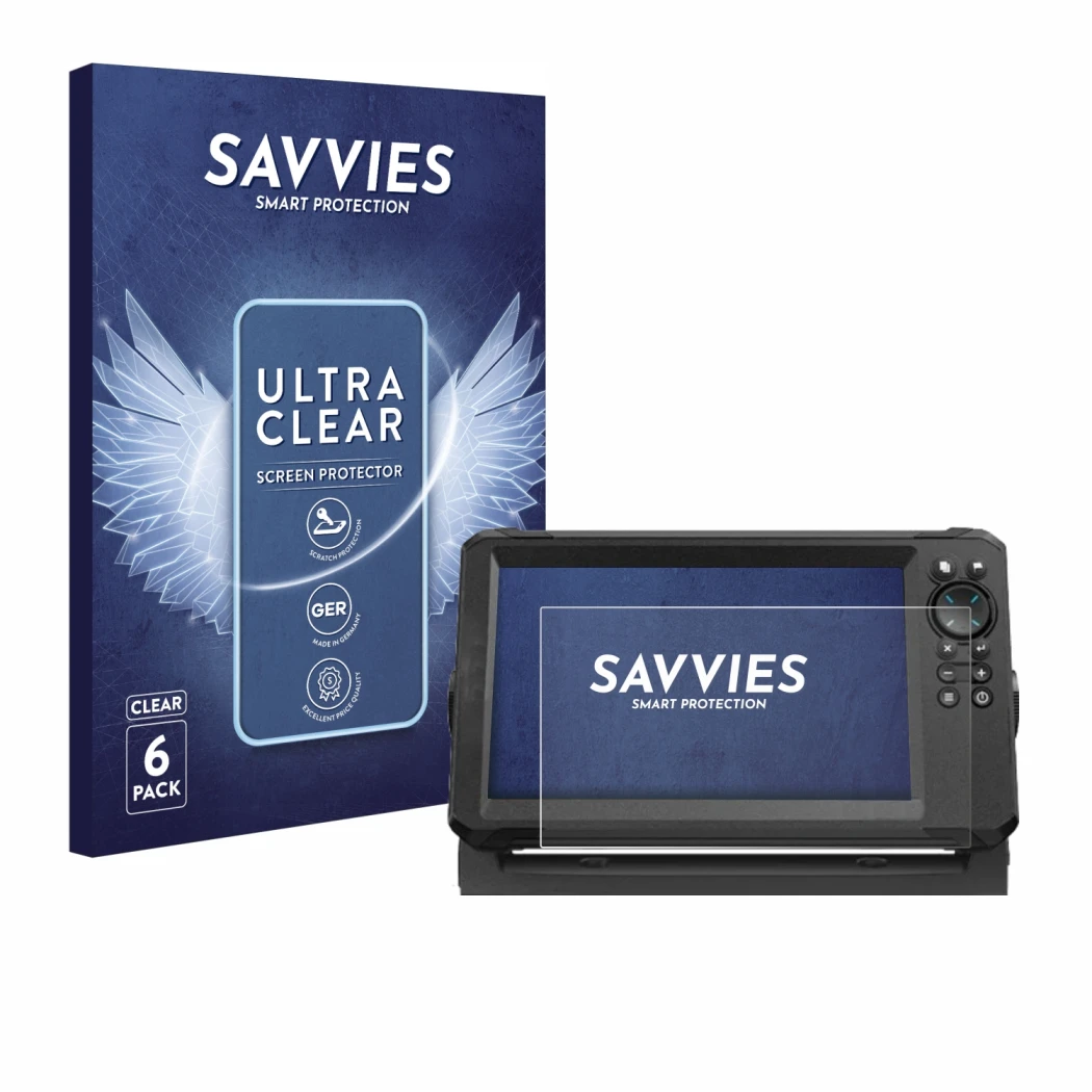 Front side of a product packaging with the brand logo Savvies. Next to it is the device Lowrance Eagle 9 shown with the corres