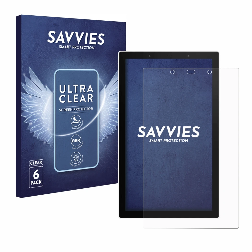 Front side of a product packaging with the brand logo Savvies. Next to it is the device SONOFF NSPanel Pro 120 shown with the 