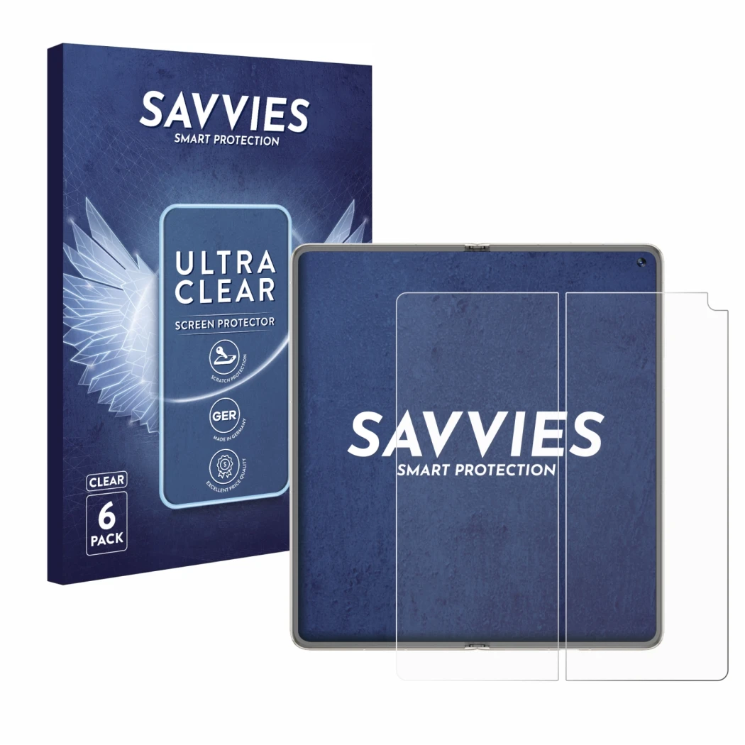 Front side of a product packaging with the brand logo Savvies. Next to it is the device Huawei Mate X6 (Inner display) shown w