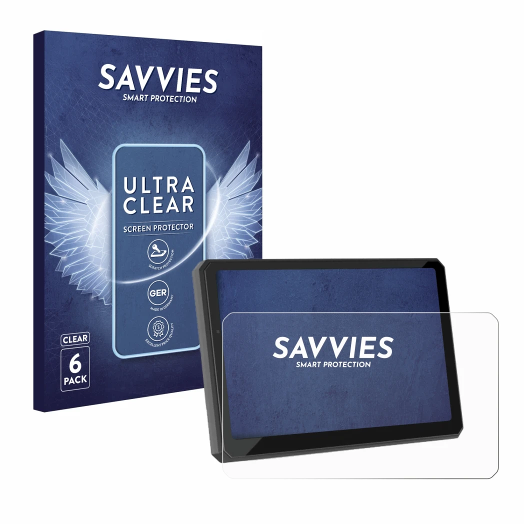 Front side of a product packaging with the brand logo Savvies. Next to it is the device Carpuride W712D 7