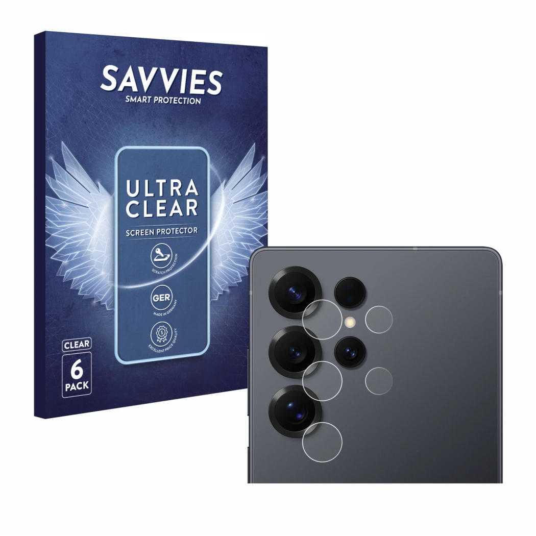 Front side of a product packaging with the brand logo Savvies. Next to it is the device Samsung Galaxy S25 Ultra Enterprise Ed