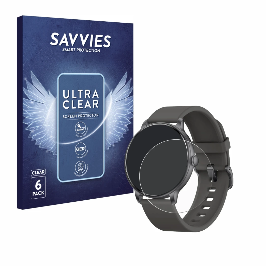 Front side of a product packaging with the brand logo Savvies. Next to it is the device Zppsnfit G1 1.43