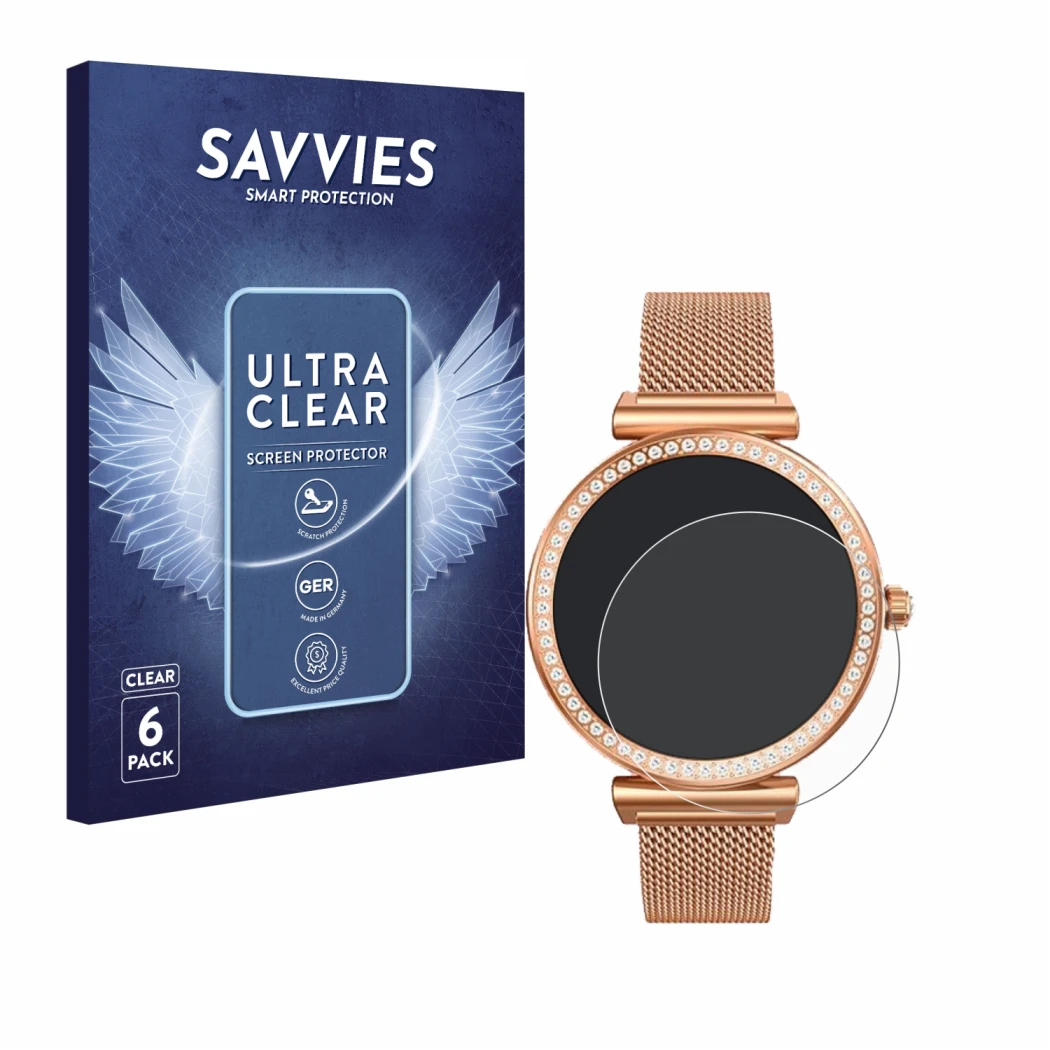 Front side of a product packaging with the brand logo Savvies. Next to it is the device NONGAMX Smartwatch 1.27