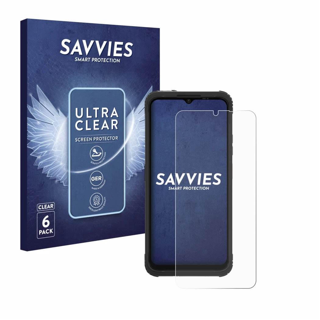 Front side of a product packaging with the brand logo Savvies. Next to it is the device AGM H Max shown with the corresponding