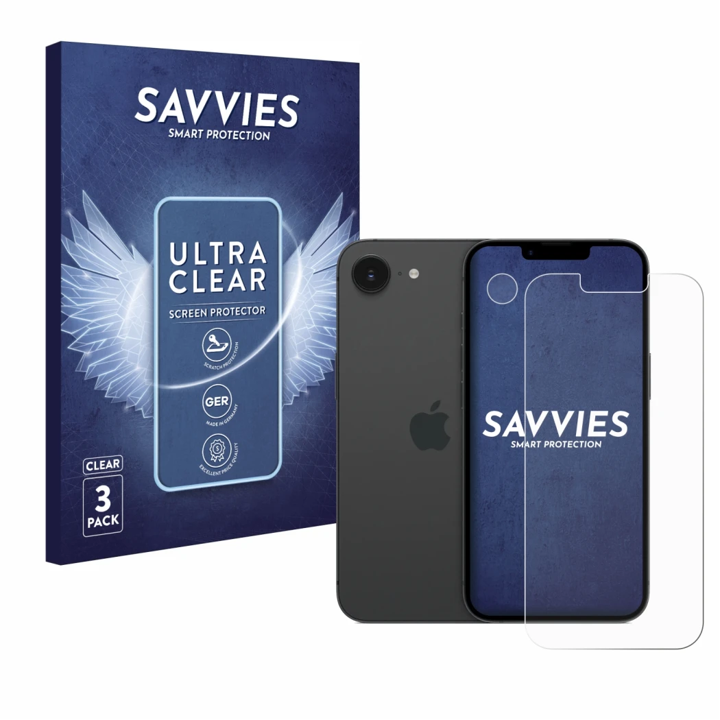 Front side of a product packaging with the brand logo Savvies. Next to it is the device Apple iPhone 16e (Front+Camera) shown 