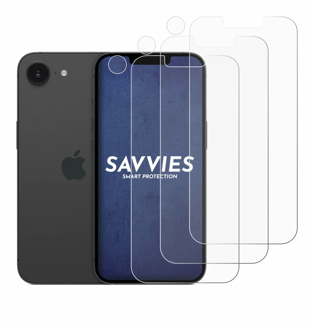 Image of the device Apple iPhone 16e (Front+Camera) with a wide variety of screen protectors.