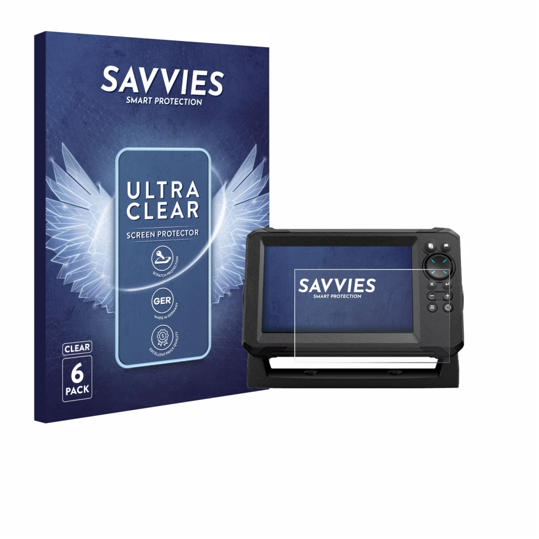 Front side of a product packaging with the brand logo Savvies. Next to it is the device Lowrance Eagle 7 shown with the corres