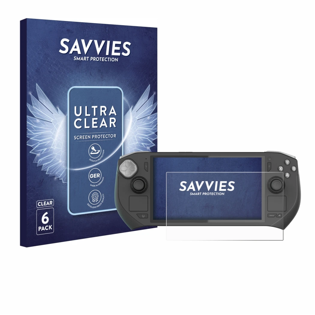 Front side of a product packaging with the brand logo Savvies. Next to it is the device Zotac Gaming Zone shown with the corre