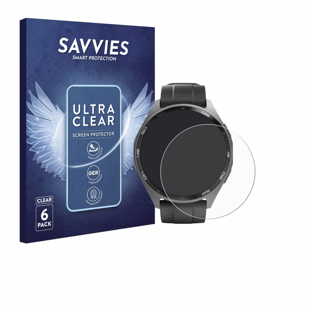 Front side of a product packaging with the brand logo Savvies. Next to it is the device Hama Smartwatch 7010 shown with the co