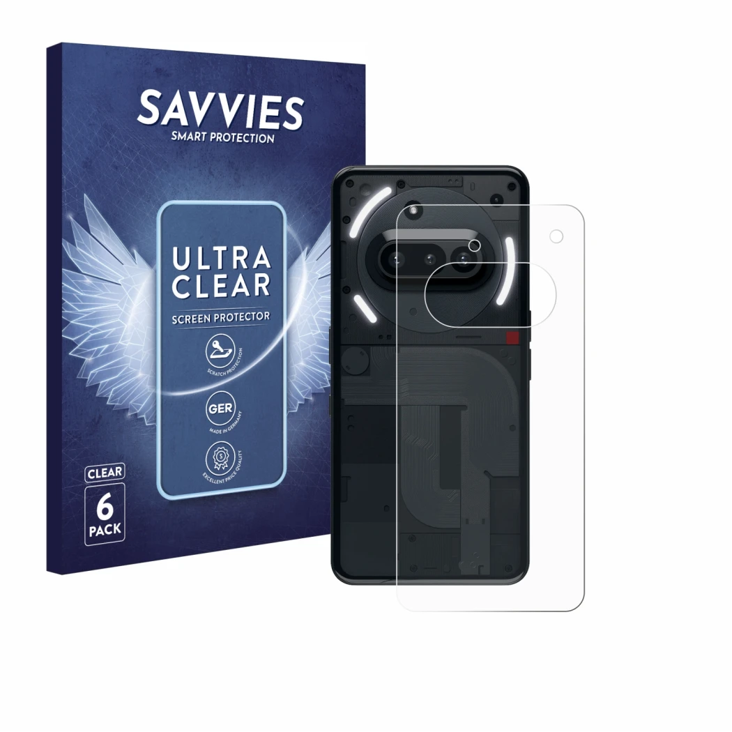 Front side of a product packaging with the brand logo Savvies. Next to it is the device Nothing Phone (3a) (Back) shown with t