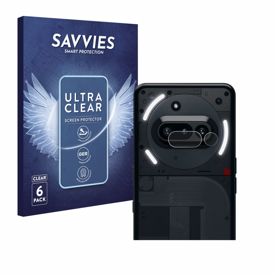 Front side of a product packaging with the brand logo Savvies. Next to it is the device Nothing Phone (3a) (ONLY Camera Lens) 