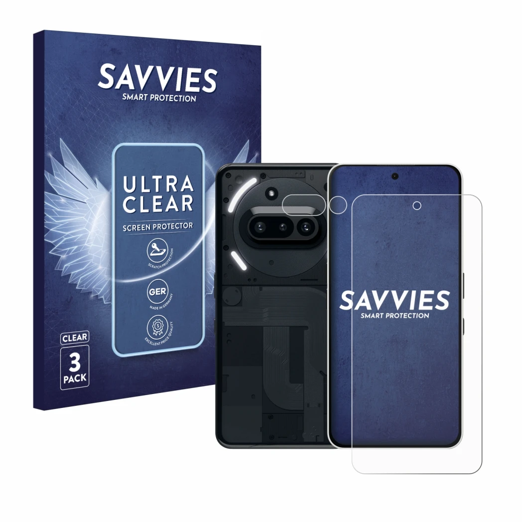 Front side of a product packaging with the brand logo Savvies. Next to it is the device Nothing Phone (3a) (Front+Camera) show