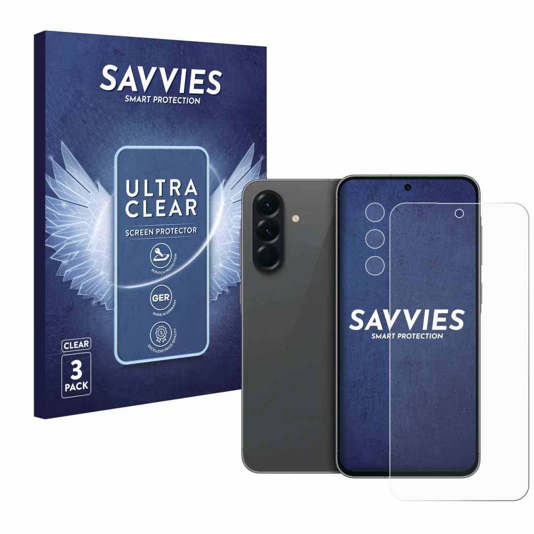 Front side of a product packaging with the brand logo Savvies. Next to it is the device Samsung Galaxy A56 5G (Front+Camera) s