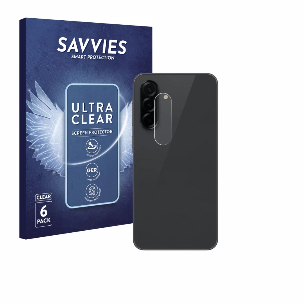 Front side of a product packaging with the brand logo Savvies. Next to it is the device Samsung Galaxy A36 5G (ONLY Camera Len