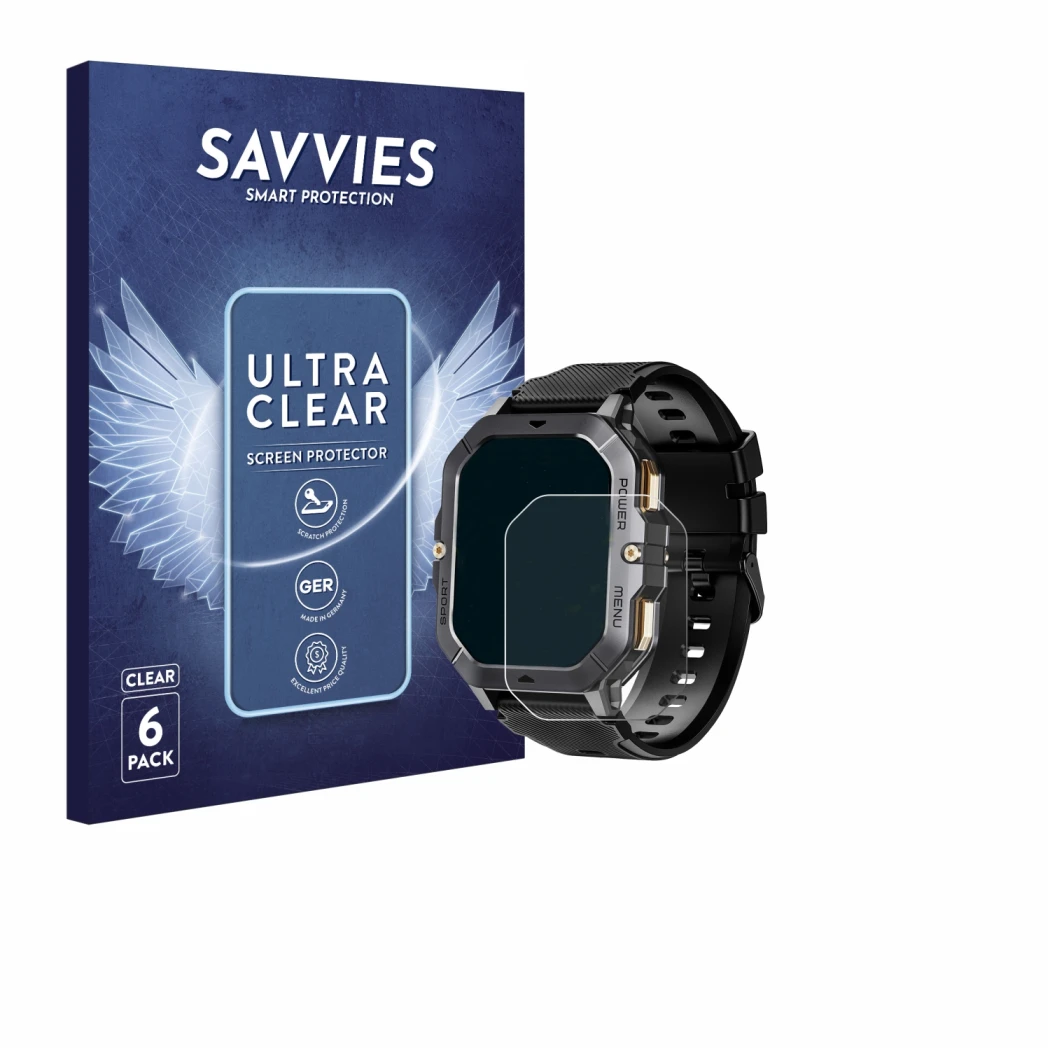 Front side of a product packaging with the brand logo Savvies. Next to it is the device Oukitel BT101 2.02