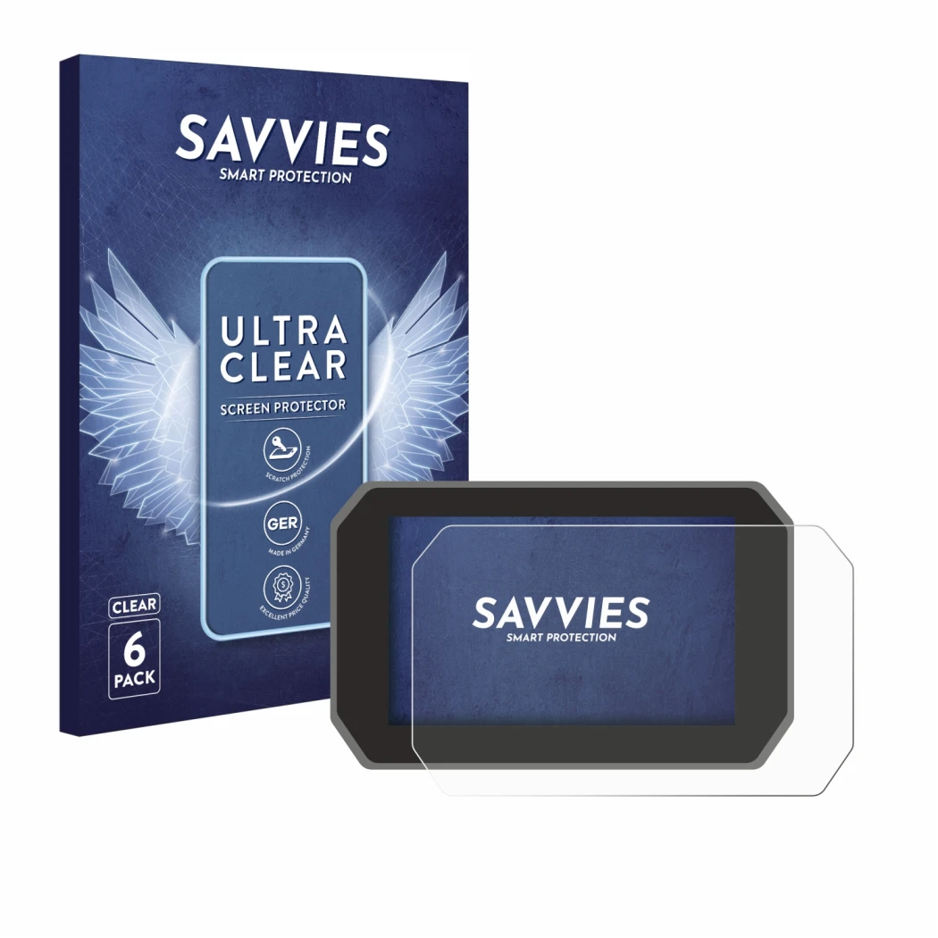 Front side of a product packaging with the brand logo Savvies. Next to it is the device Yamaha Tracer 9 GT+ 2025 shown with th